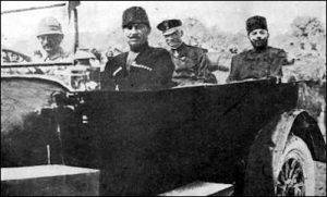 In October 1917, Djemal (right) tried again to destroy the Yishuv. But former German chief-of-the-general-staff Erich von Falkenhayn (beside Djemal) arrived in Jerusalem to take command of the Ottoman Yilderim Force, preventing Djemal from carrying out his genocidal plans.
