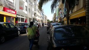 Cafés and cars occupy the sidewalk in Agdal, Rabat and pedestrians are unlawfully pushed in the narrow roads at the mercy of crazy drivers (Photo: M. Chtatou)