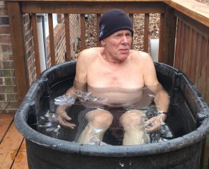 The training included submersion in ice water. Accordingly, the author bought 10-pound bags of ice, threw them in the horse trough and tried to grow an extra layer of fat. Photo Credit: Tito Craige.