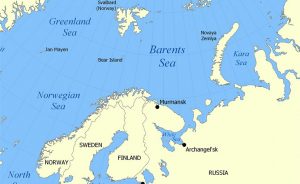 Location of the Barents Sea north of Russia and Norway. Source: Wikipedia Commons.