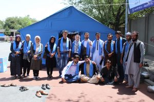 The Afghan Peace Volunteers with members of the People’s Peace Movement, outside the UK Embassy in Kabul. Photo by Dr Hakim