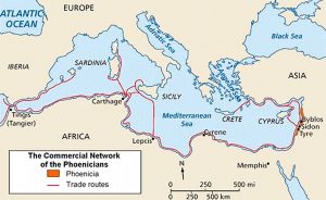 Map of Phoenicia and its Mediterranean trade routes. Source: Wikipedia Commons.