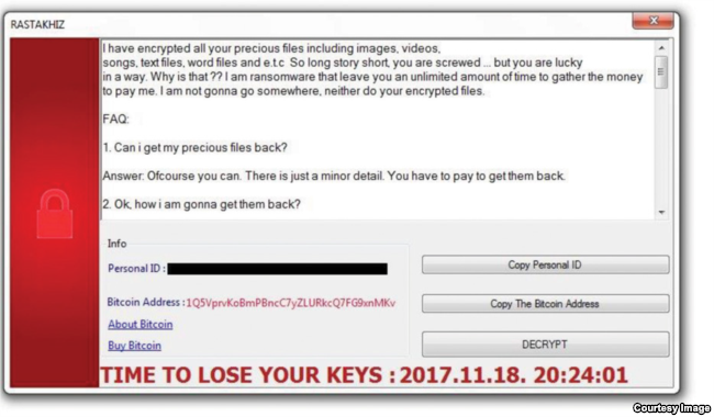 Screen grab of Iran-originated RASTAKHIZ ransomware. After activation, it provides victims with an unlimited amount of time to gather and pay the requested ransom money. (Source: Accenture Security’s iDefense threat intelligence operations). Source: VOA