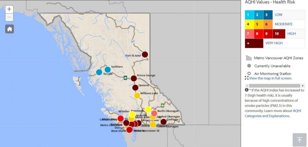 Air quality index for British Columbia on Aug. 22, 2018. Credit Credits: Government of British Columbia, DataBC, GeoBC