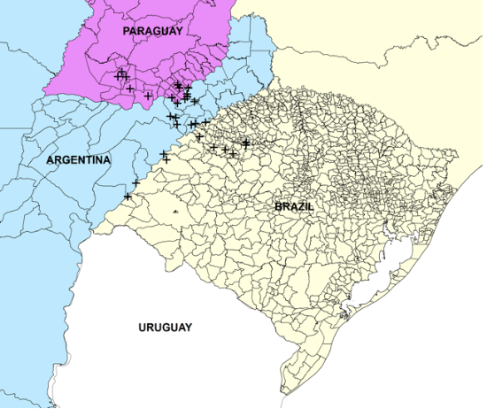 Note: The map shows the exact location of the Guarani Jesuit Missions, along with municipal level boundaries for the states of Corrientes and Misiones (Argentina), Itapua and Misiones (Paraguay) and Rio Grande do Sul (Brazil), and state boundaries for other states in Argentina, Brazil and Paraguay.