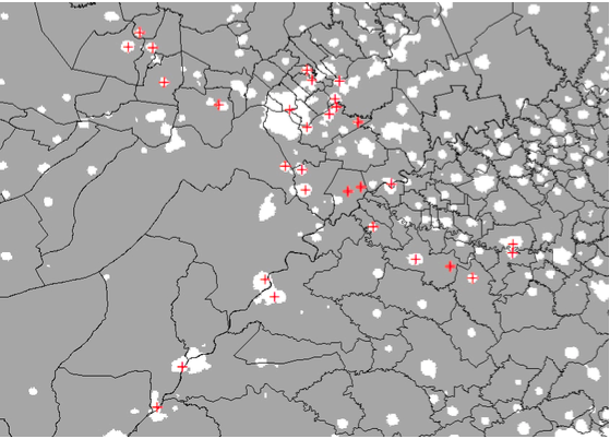 Notes: The map depicts the nighttime satellite images of the Guarani Jesuit missionary area along with municipal level boundaries for the states of Corrientes and Misiones (Argentina), Itapua and Misiones (Paraguay) and Rio Grande do Sul (Brazil). Red crosses denote the location of the Guarani Jesuit Missions.