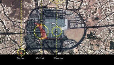 The map of pre-modern Medina (dark tone) is superimposed on the present re-configured urban core encircled by the ring road. The Prophet's Mosque is in the center with the footprint of the historic market and the train station to the left (yellow circles). The historic continuity of the city's urban fabric has been replaced by over-scaled vacant squares all around the Prophet's Mosque.