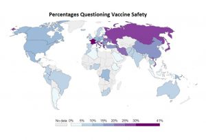 Fearing the cure: Map shows the percentage of respondents from each country replying, “strongly disagree” or “tend to disagree” when asked about the statement “Overall, I think vaccines are safe.” (Source: Vaccine Confidence Project, 2016, and Our World in Data)