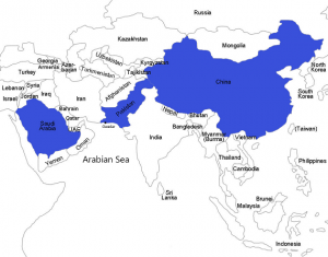 Centerpiece: Pakistan and its Gwadar Sea Port are key to China's Belt and Road Initiative, and Saudi Arabia shows increasing interest, too (Modified from source: George the Geographer)