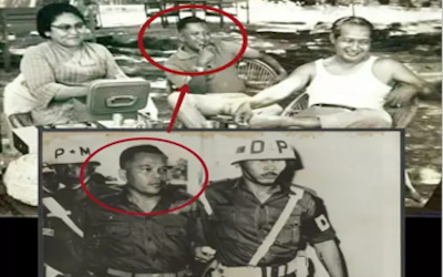 Untung (circled) with Suharto and wife, Ibu Tien; and Untung under arrest. Major-General Suharto, commander of the Mandala campaign to oust the Dutch from West New Guinea in 1962, gave Untung the ‘Bintang Sakti’ (‘sacred star’), one of Indonesia’s highest awards.