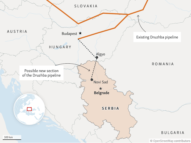 Possible new section of Druzhba pipeline. Sources: Serbian Ministry of Mining and Energy, RFE/RL’s Balkan Service