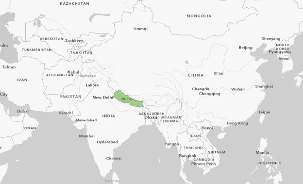Image 1: Map of Nepal Source: Map shows Nepal (highlighted in green) nestled between India and China. Map created by Narayani Sritharan.