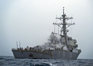 The Arleigh Burke-class guided-missile destroyer USS Barry (DDG 52) conducts an operational check of the countermeasure wash down sprinkler system. The countermeasure wash down system washes the ships exterior in case of chemical, biological or radiological contamination. Barry is on a routine deployment conducting maritime security operations in the U.S. 5th Fleet area of responsibility. (U.S. Navy photo by Mass Communication Specialist 3rd Class Jonathan Sunderman/Released)