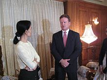 Jim_Webb_with_Aung_San_Suu_Kyi U.S. Senator Jim Webb visiting Suu Kyi in 2009. Webb negotiated the release of John Yettaw, the man who trespassed in Suu Kyi's home, resulting in her arrest and conviction with three years' hard labor.