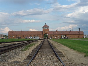 The main entrance to extermination camp Auschwitz-Birkenau