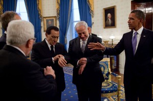Netanyahu_and_Mubarak_checking_their_watches 1 September 2010. During Middle East negotiations, Mubarak and Prime Minister Benjamin Netanyahu of Israel look at their watches to see if it is officially sunset; during Ramadan, Muslims fast until sunset.