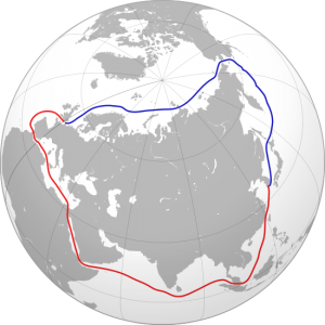 A graphical comparison between the North East Passage (blue) and an alternative route through Suez Canal (red)