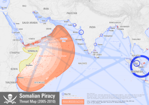 Map of areas under threat by Somali pirates.