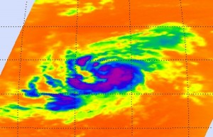 This infrared image of Tropical Storm Katia's cold clouds shows banding of thunderstorms around her center. It was taken by the AIRS instrument on NASA's Aqua satellite on August 31st at 1:05 a.m. EDT. Credit: NASA/JPL, Ed Olsen 