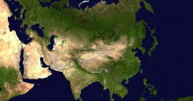 Eurasia with surrounding areas of Africa and Australasia visible. Source: Wikipedia Commons.