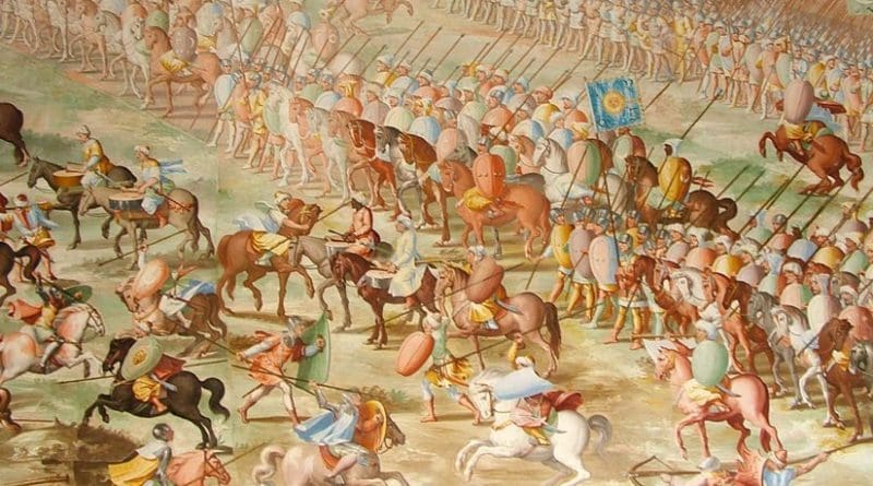 Forces of Muhammed IX, Nasrid Sultan of Granada, at the Battle of Higueruela 1431, as depicted in a series of fresco paintings by Fabrizio Castello, Orazio Cambiaso and Lazzaro Tavarone in the Gallery of Battles at the Royal Monastery of San Lorenzo de El Escorial, Spain.