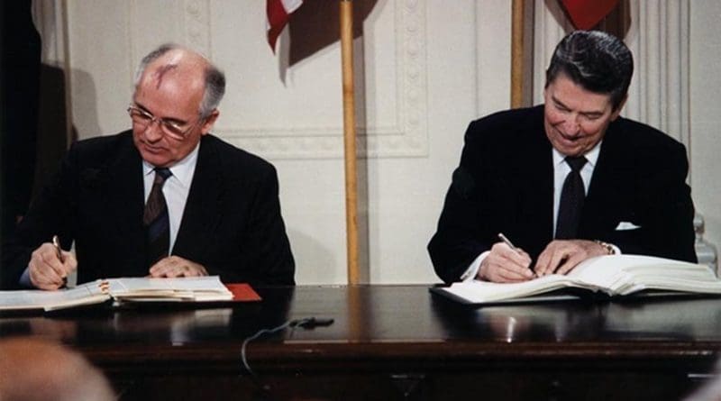 U.S. President Ronald Reagan and Soviet General Secretary Mikhail Gorbachev signing the INF Treaty in the East Room at the White House in 1987. Source: White House Photographic Office, Public Domain, Wikipedia Commons.