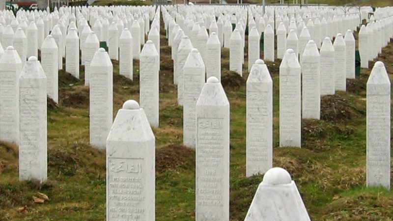 Gravestones at the Potočari genocide memorial near Srebrenica. Photo by Michael Büker, Wikipedia Commons.