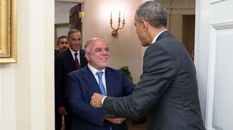 President Barack Obama greets Prime Minister Haider al-Abadi of Iraq and the Iraqi delegation prior to a meeting in the Oval Office, April 14, 2015. (Official White House Photo by Pete Souza)