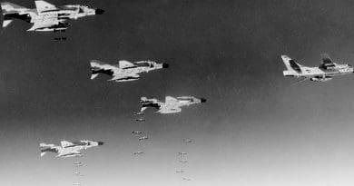 Led by RB-66 Destroyer, pilots flying Air Force F-4C Phantoms drop bombs on communist military target in North Vietnam, August 1966 (U.S. Air Force)