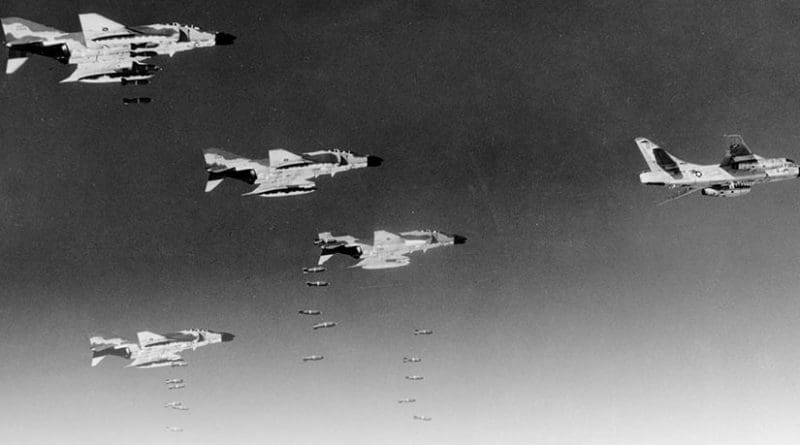 Led by RB-66 Destroyer, pilots flying Air Force F-4C Phantoms drop bombs on communist military target in North Vietnam, August 1966 (U.S. Air Force)