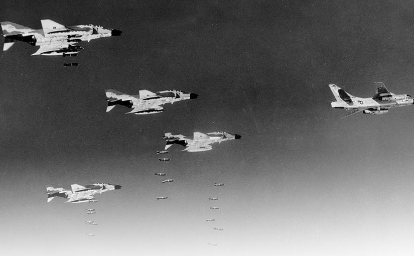 Led by RB-66 Destroyer, pilots flying Air Force F-4C Phantoms drop bombs on communist military target in North Vietnam, August 1966 (U.S. Air Force)