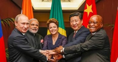 The BRICS leaders in 2014. Left to right: Putin, Modi, Rousseff, Xi and Zuma. Photo by Roberto Stuckert Filho, Agência Brasil, Wikipedia Commons.