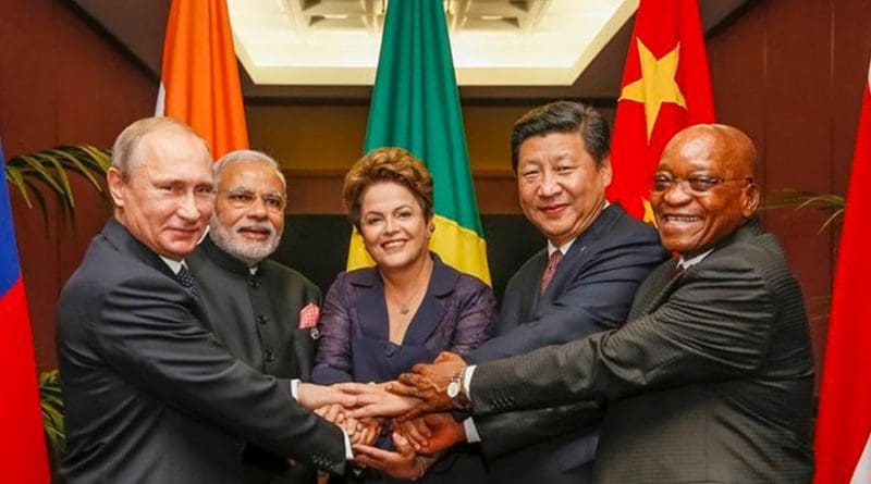 The BRICS leaders in 2014. Left to right: Putin, Modi, Rousseff, Xi and Zuma. Photo by Roberto Stuckert Filho, Agência Brasil, Wikipedia Commons.