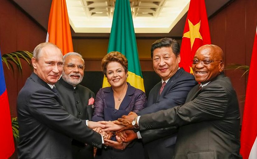 The BRICS leaders in 2014. Left to right: Putin, Modi, Rousseff, Xi and Zuma. Photo by Roberto Stuckert Filho, Agência Brasil, Wikipedia Commons.