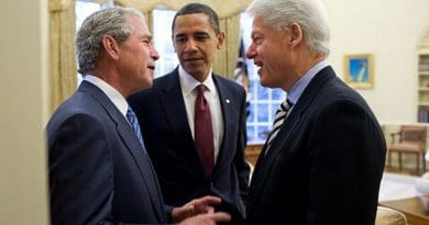George W. Bush, President Obama, and Bill Clinton meeting in the Oval Office, January 16, 2010. Official White House photo by Pete Souza.
