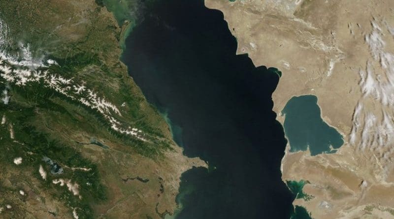 Caspian Sea from orbit. Photo Credit: Jeff Schmaltz, MODIS Rapid Response Team, NASA/GSFC, Wikipedia Commons.
