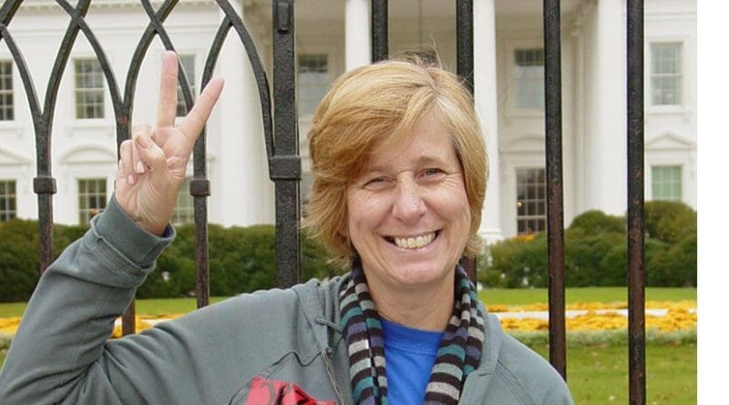 Cindy Sheehan in front of White House. Photo by Ben Schumin, Wikipedia Commons.