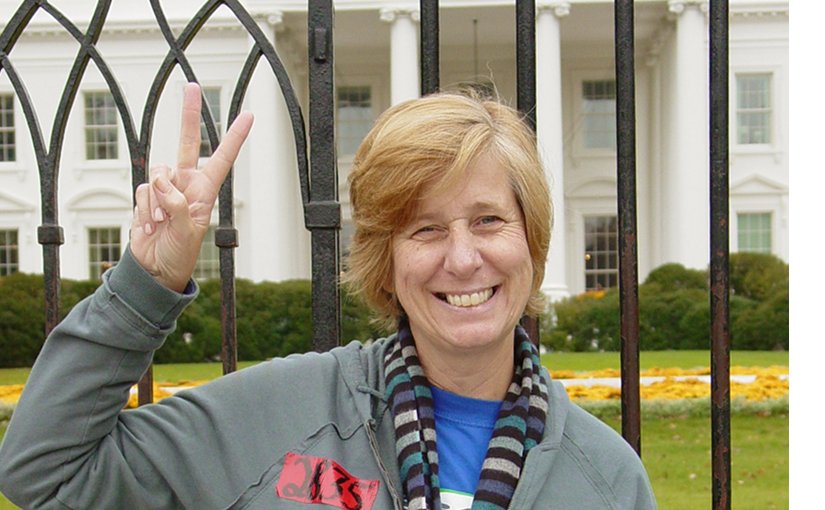 Cindy Sheehan in front of White House. Photo by Ben Schumin, Wikipedia Commons.