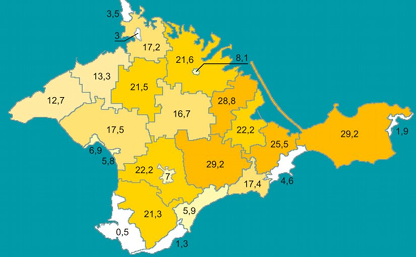 Percentage of Crimean Tatars by region in Crimea according to 2001 Ukrainian census. Graphic by Riwnodennyk, Wikipedia Commons.