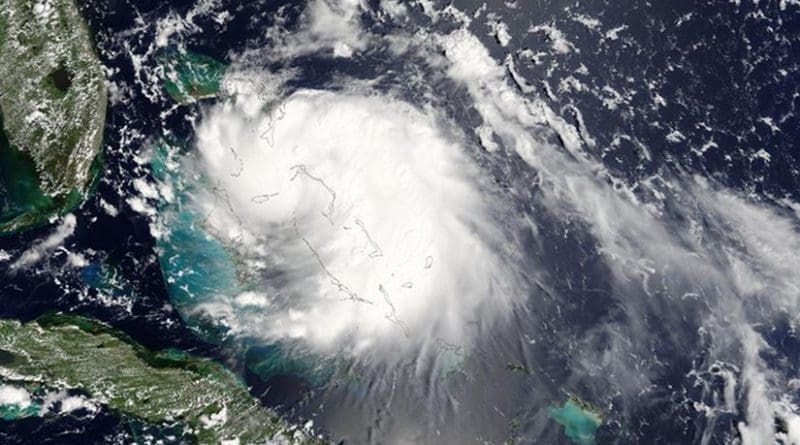 This Aug. 25, 2005, satellite image shows inbound Hurricane Katrina. The storm moved slowly, enabling heavy rains to linger longer over one area, the National Hurricane Center warned. The center forecast 6-10 inches of rain over Florida and the Bahamas, and up to 15 inches in some regions. Courtesy photo