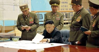 KimKim Jong-un sitting at desk in what appears a dedicated military operations room (Korean Central News Agency via NDU Press)