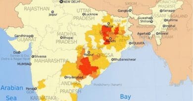 Map shows districts in India affected by Naxalites (left wing terrorism). Naxalites are considered far-left radical communists, supportive of Maoist ideology. Source: Institute for Conflict Management, SATP.