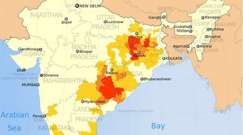 Map shows districts in India affected by Naxalites (left wing terrorism). Naxalites are considered far-left radical communists, supportive of Maoist ideology. Source: Institute for Conflict Management, SATP.