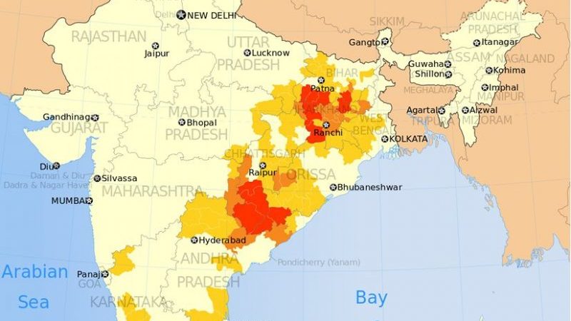 Map shows districts in India affected by Naxalites (left wing terrorism). Naxalites are considered far-left radical communists, supportive of Maoist ideology. Source: Institute for Conflict Management, SATP.