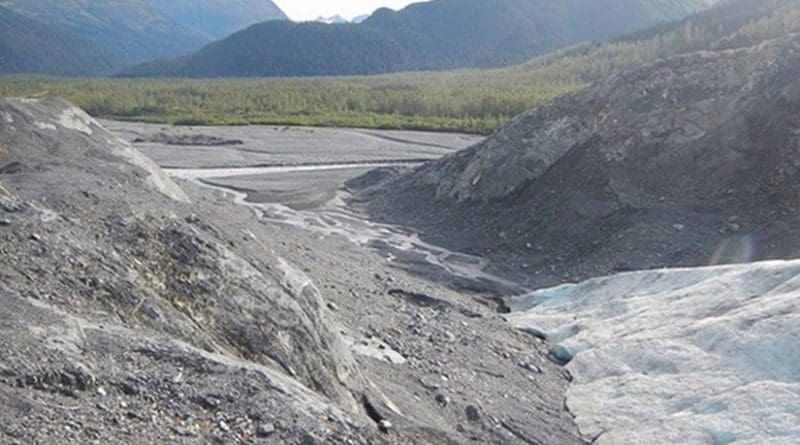 A melting tongue of Exit Glacier near Seward, Alaska, continues to dwindle and pour water into streams below, as it has been doing for decades. Photo Credit: OSU