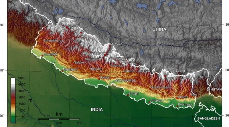 Topographic map of Nepal. Source: Wikipedia Commons.