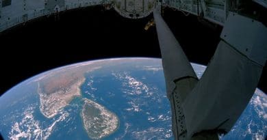 View of South India and Sri Lanka from the payload bay of the Space Shuttle in earth orbit. Source: NASA, Wikipedia Commons.