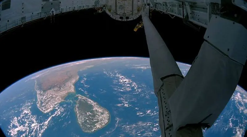 View of South India and Sri Lanka from the payload bay of the Space Shuttle in earth orbit. Source: NASA, Wikipedia Commons.