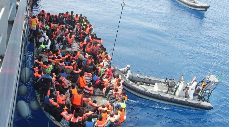 Irish Naval personnel from the LÉ Eithne (P31) rescuing migrants as part of Operation Triton. Photo Credit: Irish Defence Forces, Wikipedia Commons.