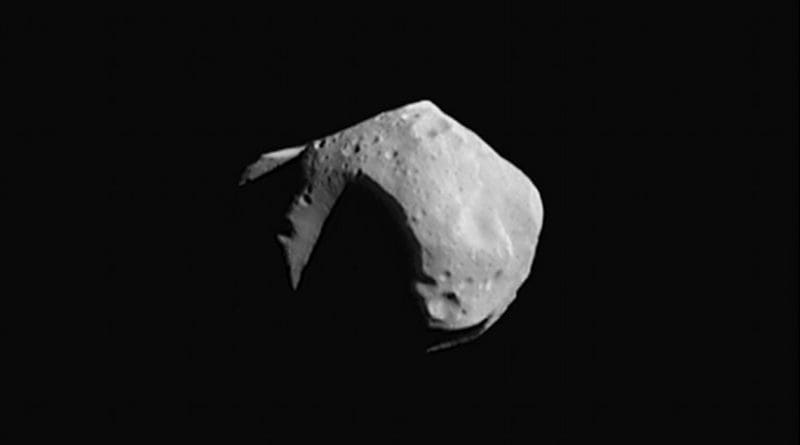 253 Mathilde, a C-type asteroid measuring about 50 kilometres (30 mi) across, covered in craters half that size. Photograph taken in 1997 by the NEAR Shoemaker probe. Photo Credit: NASA